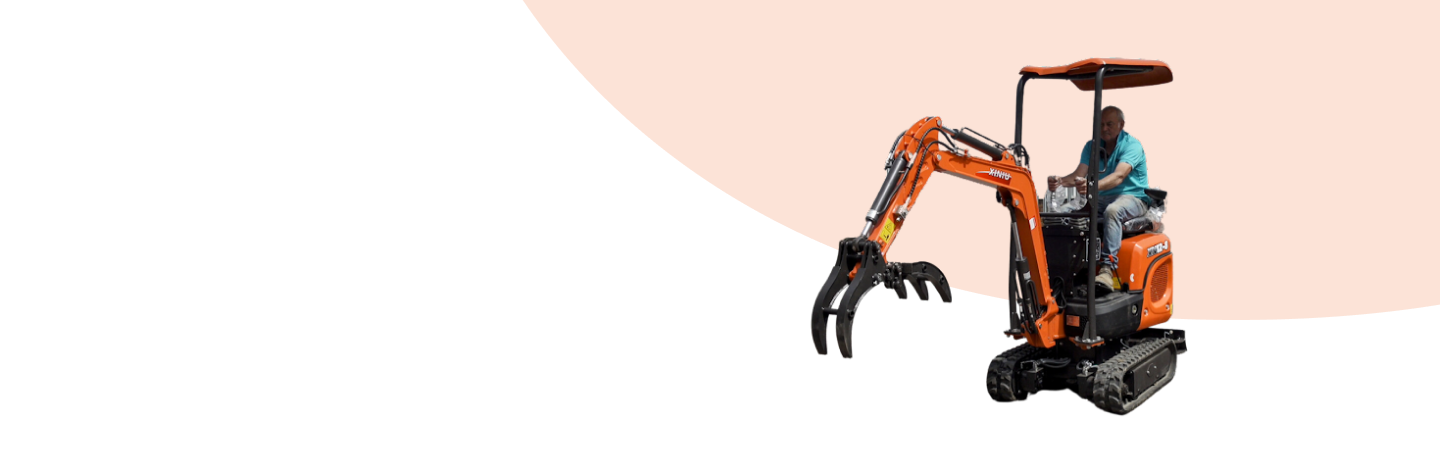 Orange micro digger with driver on white-pink background